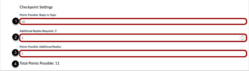 Checkpoint Settings, Points Possible: Reply to Topic [1], Additional Replies Required [2], Points Possible: Additional Replies [3], Total Points Possible [4]