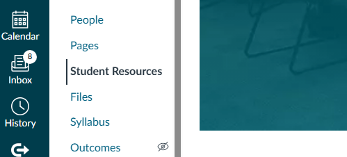 screenshot of Student Resources on a canvas course menu