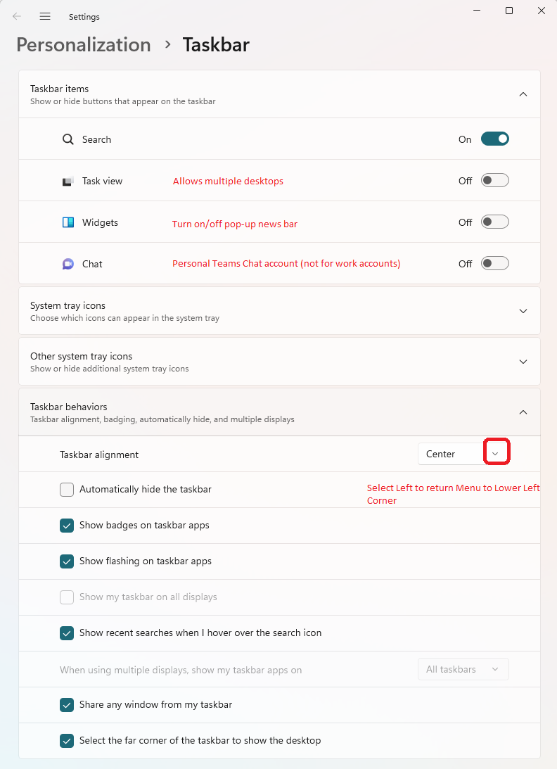 taskbar settings menu in windows 11